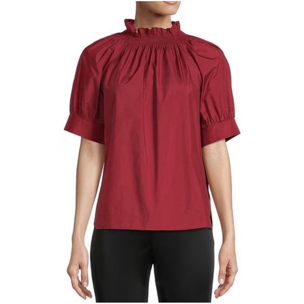 Antonio Melani Frieda Taffeta Puffed Sleeve Smocked Mock Neck Blouse.Red.Sz 2